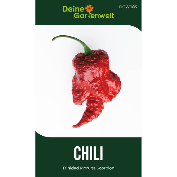 Chili Trinidad Moruga Scorpion, rote Frucht mit faltiger Oberfläche und grünem Stiel, Deine Gartenwelt Logo.