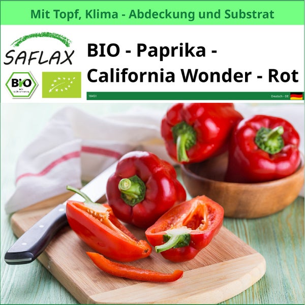 SAFLAX Garden to go - BIO - Paprika - California Wonder - Rot - Capsicum annuum - 20 Samen - Mit Topf, Klima - Deckel und Anzuchtsubstrat