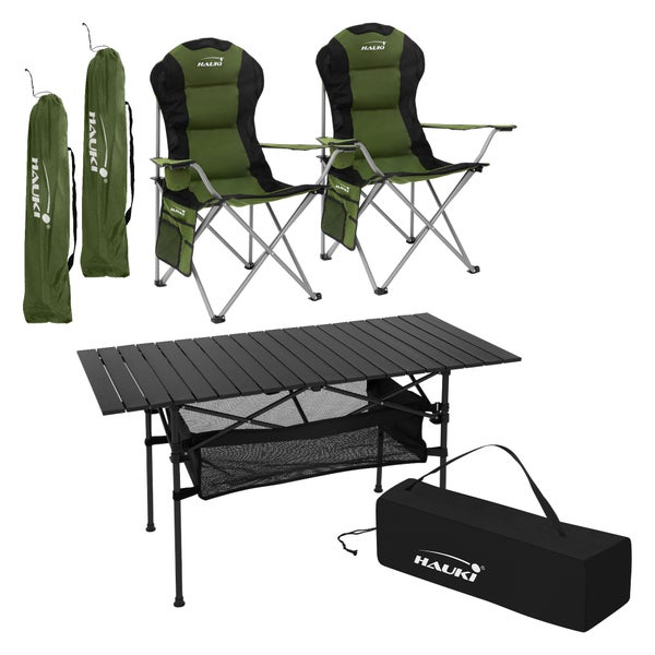 Hauki Campingmöbel Set 3tlg., Campingtisch faltbar Schwarz mit 2 Campingstühlen Khaki, Camping-Set für 2 Person mit Tragetasche, Alu Klapptisch mit 2 Angelstuhl, Sitzgarnitur Sitzgruppe Gartenmöbel