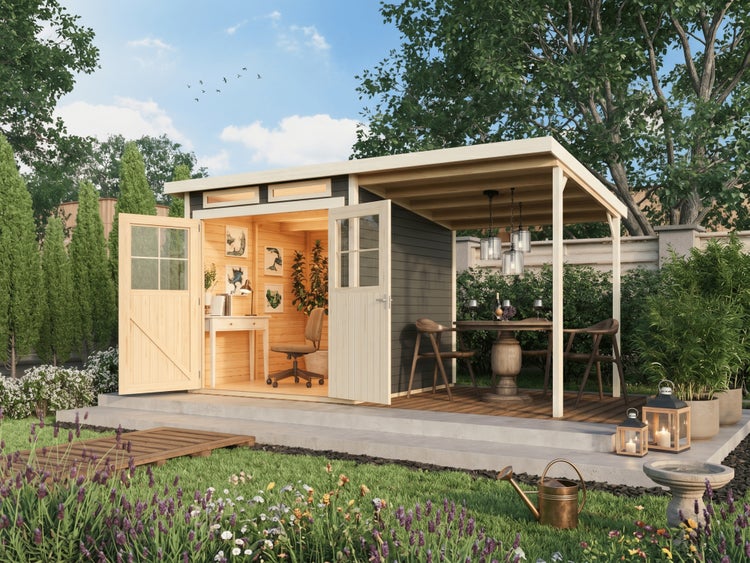 Modernes Gartenhaus aus Holz mit Pultdach, unterteilt in ein Büro mit geöffneten Türen und eine überdachte Terrasse mit Sitzgruppe.