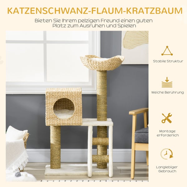 PawHut Kratzbaum 100,5 cm Katzenbaum mit Katzenhöhle, Bett, Treppe, Katzenkratzbaum mit Sisal-Kratzsäulen, Kissen, für Katzen bis 4,5 kg, Natur