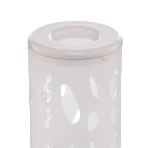 Weißer, zylindrischer Lampenfuß mit ovalen Aussparungen und runder Vertiefung an der Oberseite.