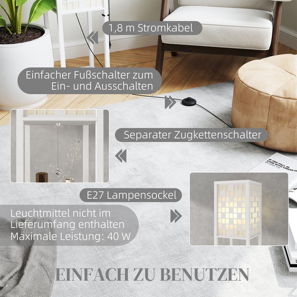 Weiße Tischleuchte aus Holz mit Gitterschirm im Wohnzimmer, inklusive 1,8 Meter Kabel, Fußschalter, Zugkette und E27 Fassung bis 40 Watt.