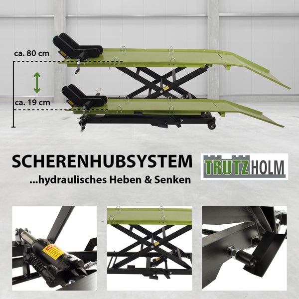 Hydraulische Motorradhebebühne XL 560 kg Scherenhub Breite 60,5 cm Motorradheber in Schwarz/Grün
