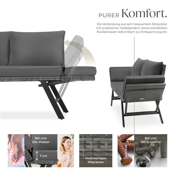 Rattan-Loungesofa tectake Sintra 157 x 61 x 89 cm 2in1 Funktion grau