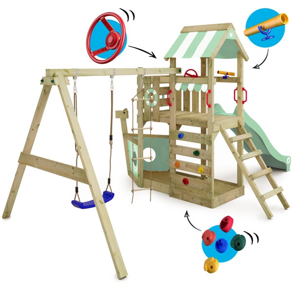 WICKEY Spielturm Klettergerüst SeaFlyer mit Schaukel und Rutsche, Baumhaus mit Sandkasten, Kletterleiter und Spiel-Zubehör – pastellgrün