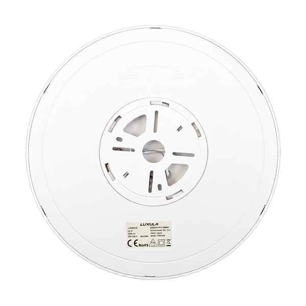 Rückansicht einer runden LED-Panel-Leuchte mit Montageplatte und Luxula Logo.