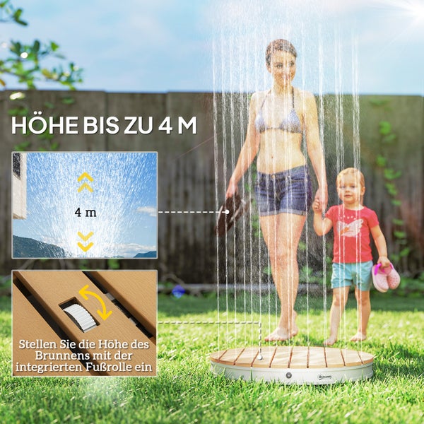 Frau und Kind unter einer runden Bodendusche aus Holz im Garten. Wasserfontäne bis zu 4 Meter hoch, einstellbar per Fußrolle. Outsunny Logo.