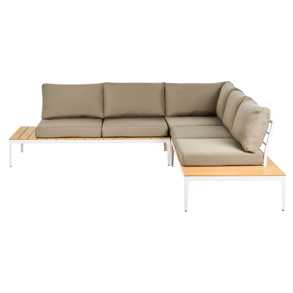 L-förmiges Gartensofa mit Metallgestell, Holzablagen und bequemen Polstern für den Außenbereich