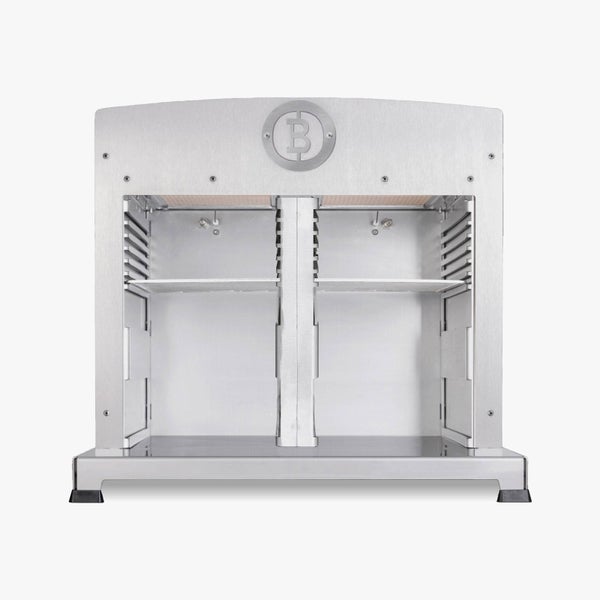 Beefer Oberhitze-Grill aus Edelstahl mit zwei Kammern und mehreren Einschubebenen für Grillroste.