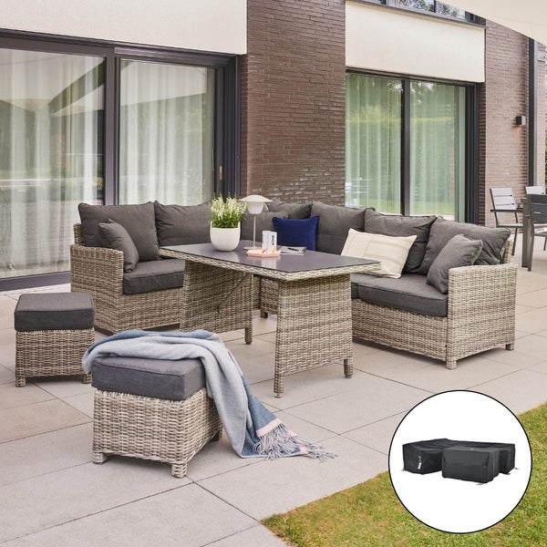 Home Deluxe - Polyrattan Sitzgruppe Bahia inkl. Abdeckung - inkl. Hocker, Tisch mit Glasplatte und Sitzpolster I Loungemöbel, Outdoor Sofa, Garten- & Balkonmöbel…