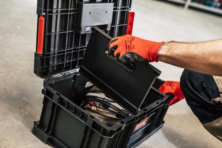 PROREGAL QBRICK Werkzeugkasten Pro Toolbox HxBxT 24 x 45 x 33 cm 3 Trennstege 19 Liter Mit Deck & Teleskopgriffe Mit Klemmverschlüsse Metall Schwarz