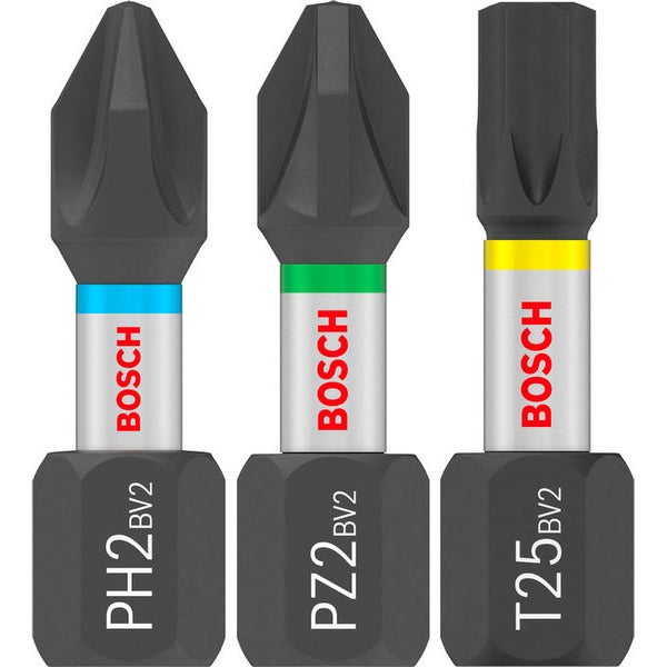 Drei Bosch Schrauberbits: PH2, PZ2 und T25