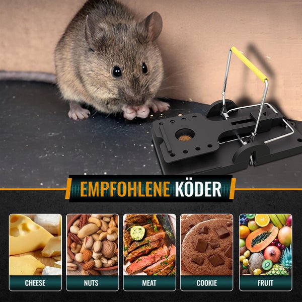 Schwarze Mausefalle aus Kunststoff mit einer Maus und Abbildungen von empfohlenen Ködern wie Käse, Nüssen, Fleisch, Keksen und Früchten.