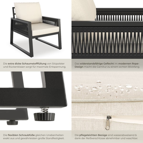 Gartenlounge-Set tectake Captive höhenverstellbare Füße im Rope-Design, mit Aluminiumgestell anthrazit