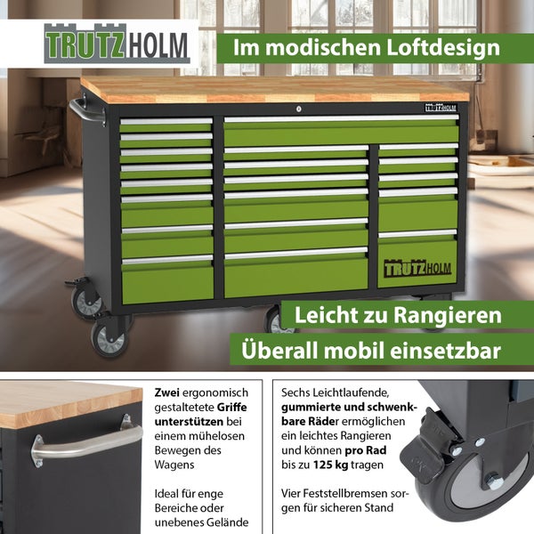 Trutzholm Werkstattwagen auf Terrasse mit Holzarbeitsplatte, Stahl, Gesamtgewicht 124 kg, Tragkraft circa 750 kg, Softclose-System mit Kugellager.