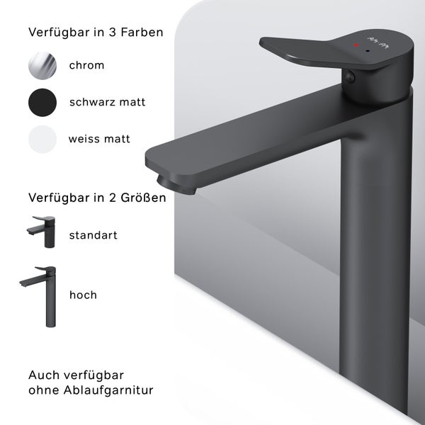 AM.PM Waschtischarmatur für Aufsatzwaschbecken mit Klick-Ablaufgarnitur FXA92222 X-Joy Schwarz matt