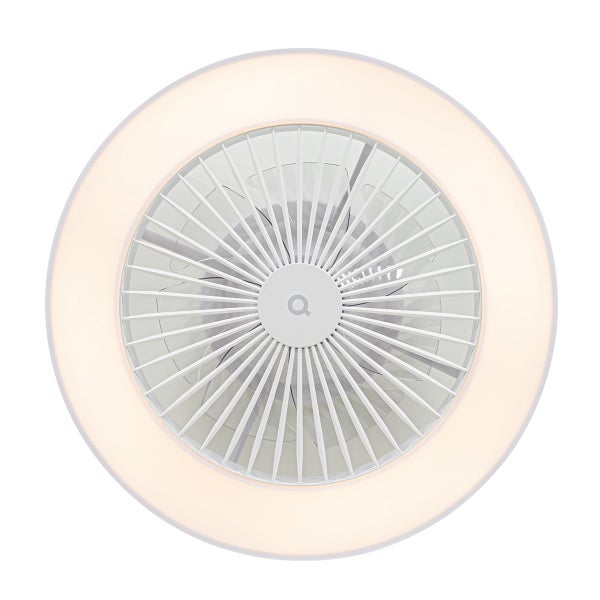 Runde Deckenleuchte mit integriertem Ventilator und weißem Schutzgitter.
