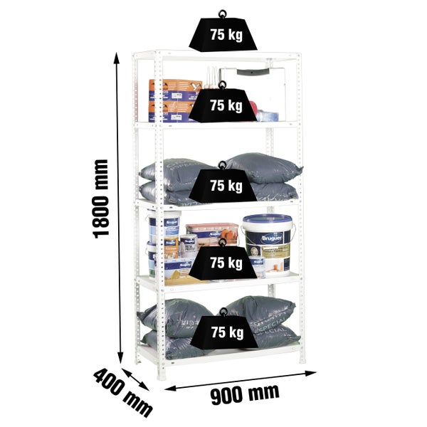 Weißes Metallregal mit 5 Fachböden, Tragkraft 75 Kilogramm pro Boden, Höhe 1800 Millimeter, Breite 900 Millimeter, Tiefe 400 Millimeter.
