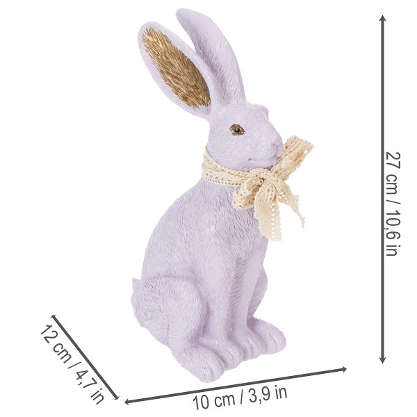 Dekofigur Hase in Lila mit Textilschleife, Höhe 27 Zentimeter, Breite 10 Zentimeter, Tiefe 12 Zentimeter.