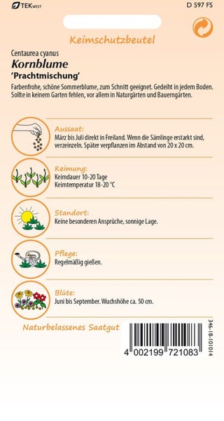 Saatguttüte Kornblume 'Prachtmischung' mit Informationen zu Aussaat, Keimung, Standort, Pflege und Blüte