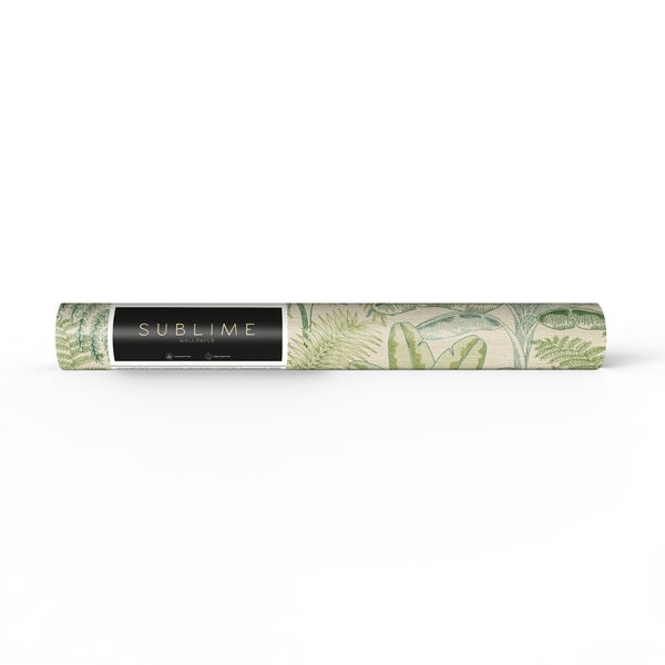 Rolle Sublime Tapete mit tropischem Blattmuster, nachhaltiges Papier, wasserbasierte Farben sowie Sublime Wallpaper Logo.
