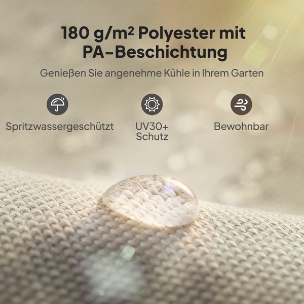 180 Gramm pro Quadratmeter Polyester mit Polyamid-Beschichtung, spritzwassergeschützt, UV-Schutz 30 plus und atmungsaktiv.