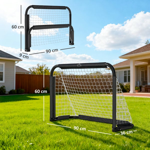 Fußballtor mit Netz für den Garten, Abmessungen 90 mal 60 mal 36 Zentimeter, robuster Rahmen für Outdooraktivitäten.