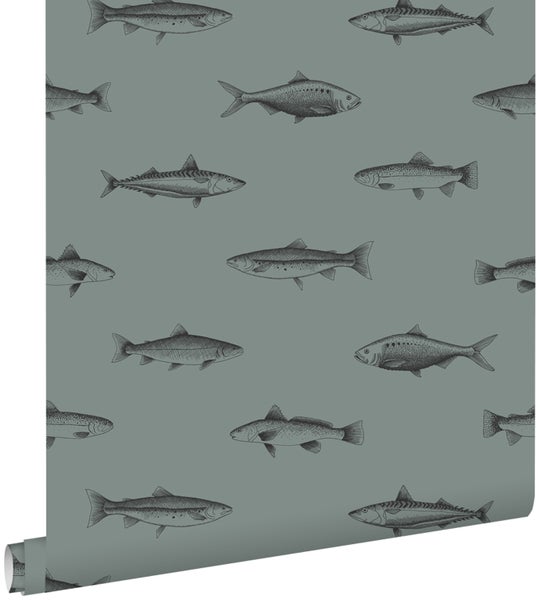 ESTAhome Tapete Federzeichnung Fisch Graugrün und Schwarz - 53 cm x 10.05 m - 128874