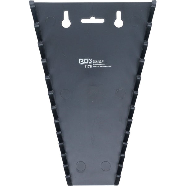 Schwarzer Maulschlüsselhalter aus Kunststoff mit Aussparungen für Werkzeuge und Löchern für die Wandmontage, BGS technic Logo.