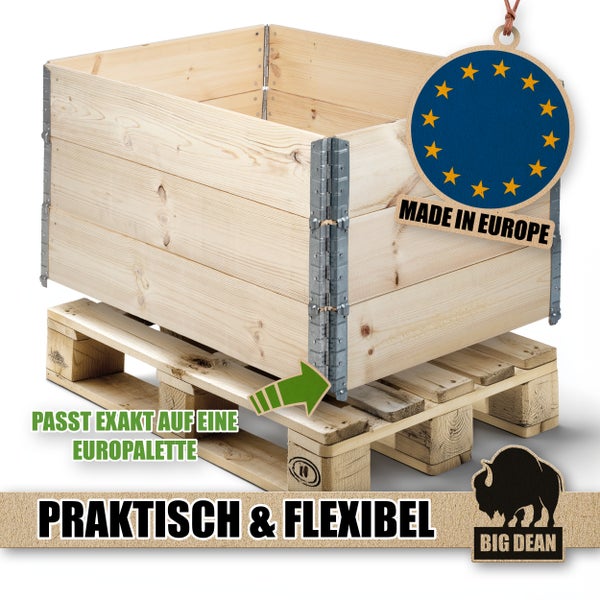 Holzkiste für Europalette mit Metallverbindungen und dem Siegel Made in Europe