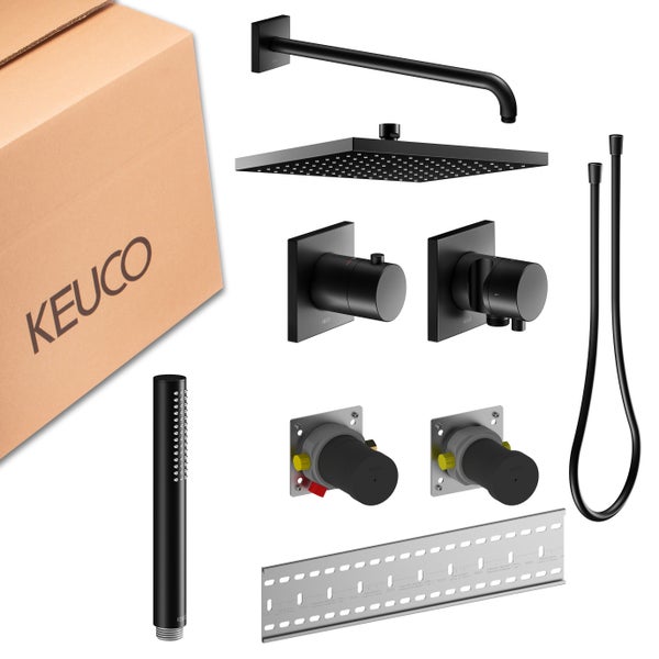Keuco Unterputz-Duschset in Mattschwarz mit quadratischer Kopfbrause, Stabhandbrause, Brauseschlauch, Thermostat-Armaturen und Montagezubehör.