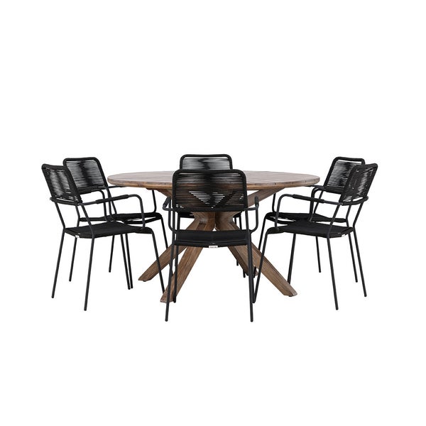 Gartenmöbelset mit rundem Holztisch und fünf Stühlen mit Armlehnen