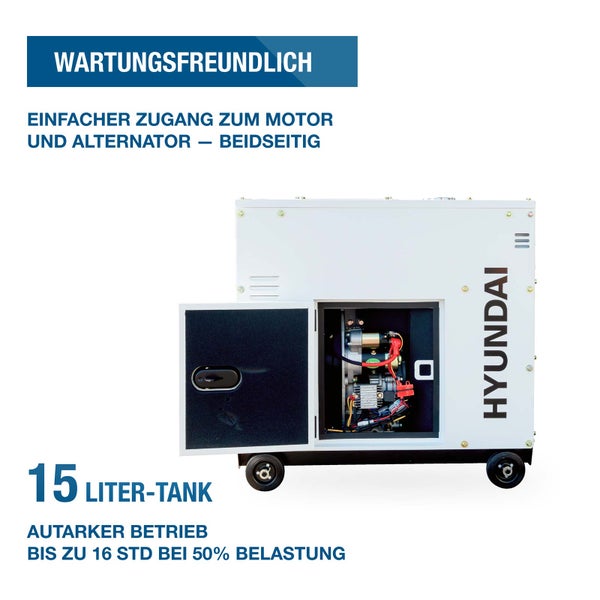 Hyundai Stromerzeuger mit 15 Liter Tank für bis zu 16 Stunden Laufzeit und beidseitig zugänglichem Motor und Alternator für einfache Wartung.