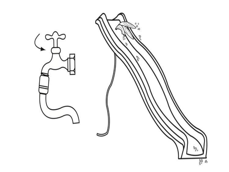 Skizze eines Wasseranschlusses für eine Rutsche mit Wasserhahn und Schlauch.