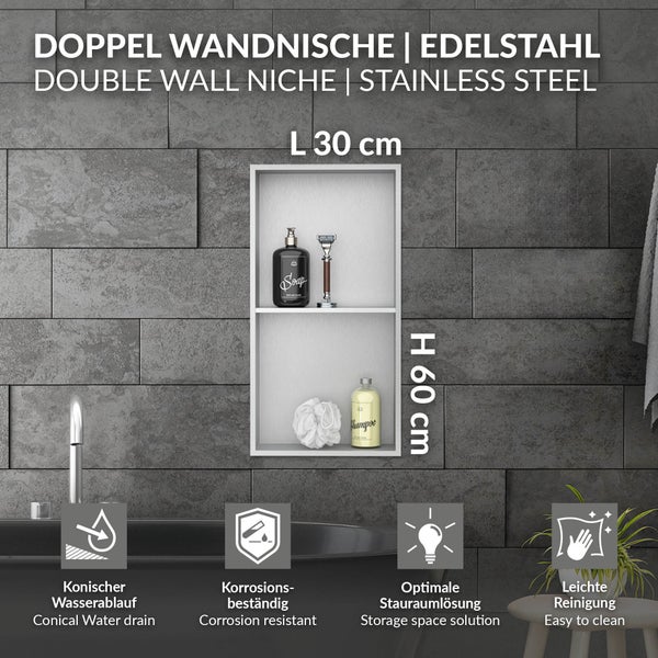 Doppel Wandnische aus Edelstahl mit zwei Ablagen für das Badezimmer, 30 cm mal 60 cm, korrosionsbeständig mit konischem Wasserablauf.