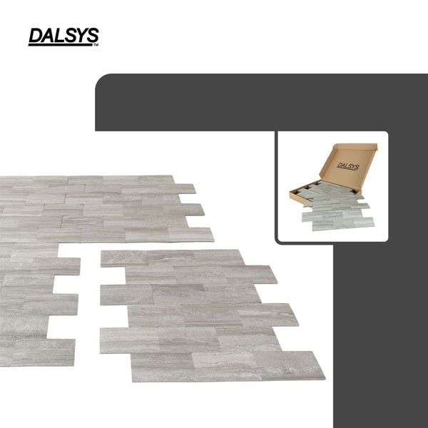 Dalsys Logo, selbstklebende Wandfliesen in Steinoptik grau, Kartonage mit Dalsys Logo.