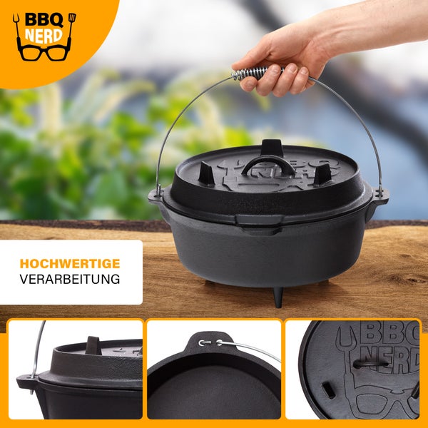 BBQ-Nerd Dutch Oven Professional 7,3L mit Füßen | bereits eingebrannt - preseasoned | Gusseisen Feuertopf mit Deckel und integr. Bratpfanne | Feuerfester Grill & Camping Kochtopf inkl. Deckelheber