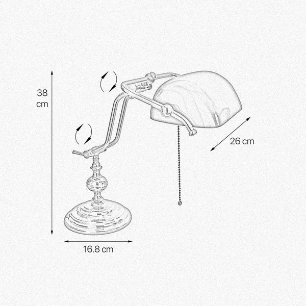 Skizze einer Schreibtischlampe mit den Maßen 38 cm Höhe, 26 cm Ausladung und 16,8 cm Durchmesser des Sockels.