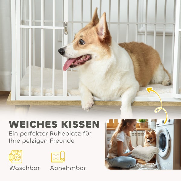 PawHut Hundekäfig für Zuhause, Abschließbar Hundehütte mit Kissen, Hundebox mit Tür, Hundehaus für mittelgroße Hunde unter 15 kg, Eiche, 86 x 60 x 70 cm