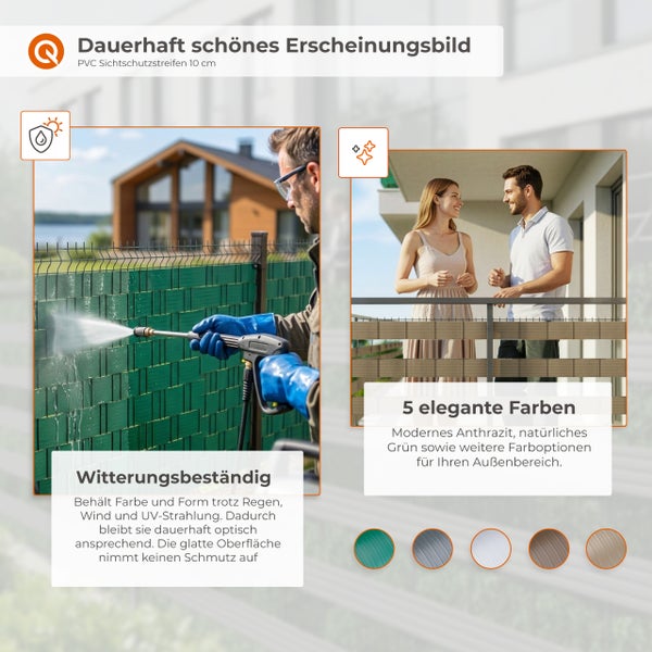 PVC Sichtschutzstreifen 10 cm für Zaun und Balkon, witterungsbeständig und UV-beständig, erhältlich in fünf verschiedenen Farben.
