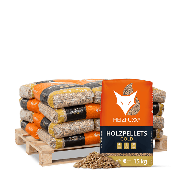 Heizfuxx Holzpellets Gold, 15 Kilogramm Sack, Palette mit mehreren Säcken und lose Holzpellets. Heizfuxx Logo.