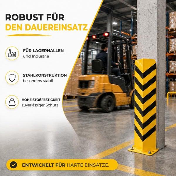 Eckschutz aus Stahl für Säulen in einer Lagerhalle, robuster Anfahrschutz für industrielle Anwendungen mit Gabelstapler im Hintergrund.