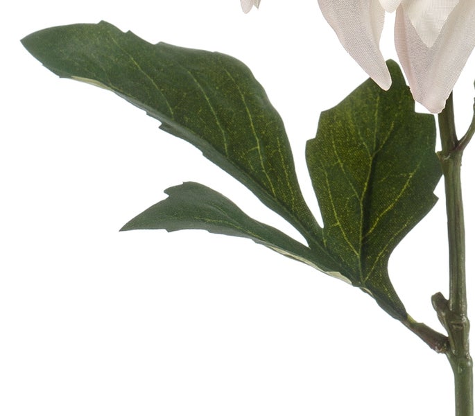 Detailaufnahme eines grünen Blattes und Stiels einer Kunstblume.