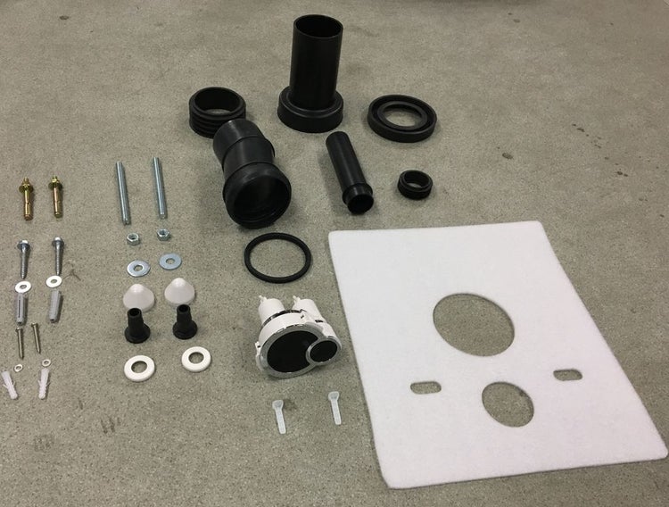 Sanitärinstallationsset mit verschiedenen Rohren, Dichtungen und Befestigungsmaterialien