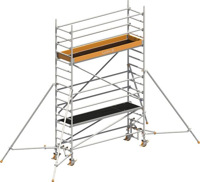 Layher Logo Gerüst mit Rollen und zwei Plattformen