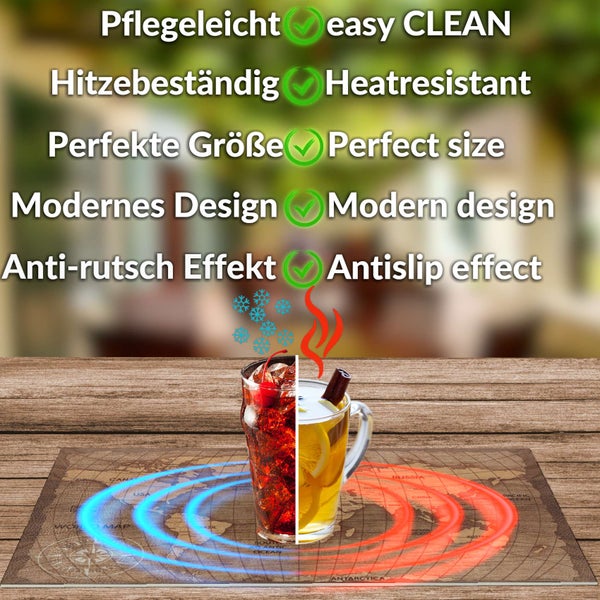 Platzset mit Weltkartendesign, hitzebeständig für Heiß- und Kaltgetränke, rutschfest, pflegeleicht, moderne Optik.