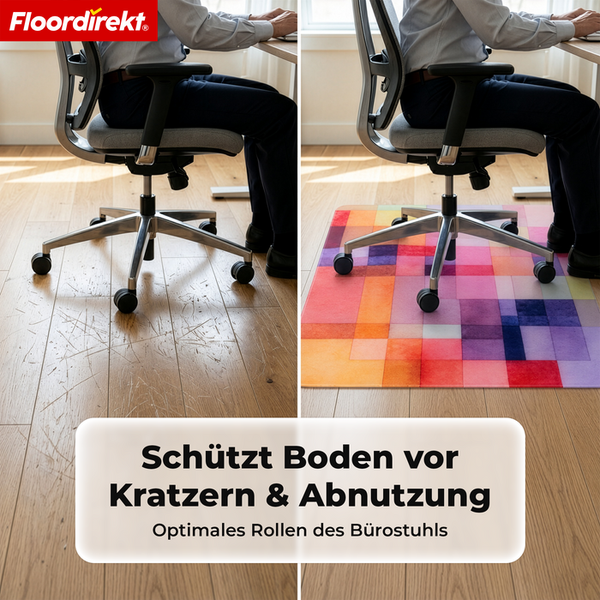 Floordirekt Logo. Vergleich von Parkett mit und ohne Bodenschutzmatte unter einem Bürostuhl zum Schutz vor Kratzern und Abnutzung.
