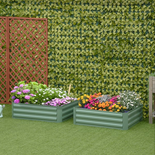 Outsunny Hochbeet Set, 2-TLG. Gartenbeet, Pflanzkasten, Blumenkasten, Pflanzkübel, Blumenkübel für Garten, Terrasse, Verzinkter Stahl, Grün, 100 x 100 x 30 cm