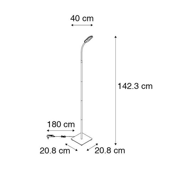 Abmessungen der Stehlampe: 142,3 cm Höhe, 40 cm Kopfbreite, 20,8 cm quadratische Basis und 180 cm Kabellänge.
